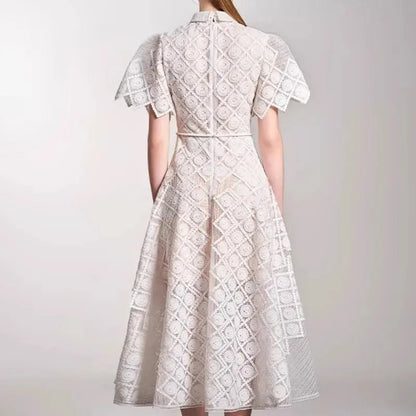 Evening Dresses Polo Collar Short Sleeve Embroidery Hollow Out Midi Dresses Retro Style High Waist Elegant Party Dresses Woman - Everyday Curves
