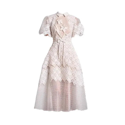 Evening Dresses Polo Collar Short Sleeve Embroidery Hollow Out Midi Dresses Retro Style High Waist Elegant Party Dresses Woman - Everyday Curves