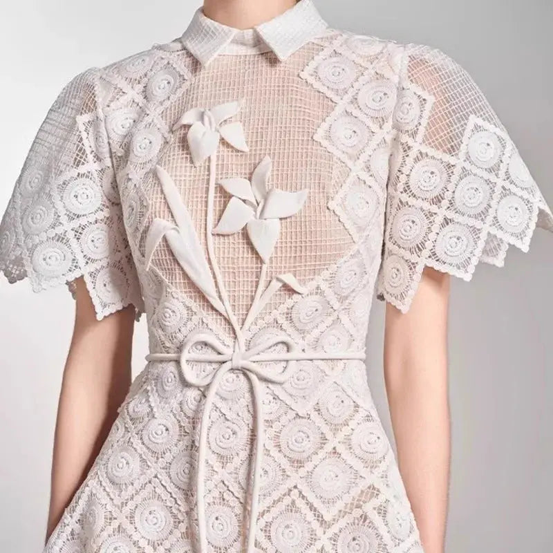 Evening Dresses Polo Collar Short Sleeve Embroidery Hollow Out Midi Dresses Retro Style High Waist Elegant Party Dresses Woman - Everyday Curves