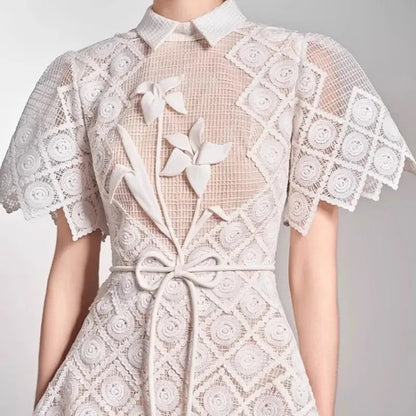 Evening Dresses Polo Collar Short Sleeve Embroidery Hollow Out Midi Dresses Retro Style High Waist Elegant Party Dresses Woman - Everyday Curves