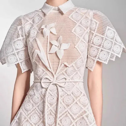 Evening Dresses Polo Collar Short Sleeve Embroidery Hollow Out Midi Dresses Retro Style High Waist Elegant Party Dresses Woman - Everyday Curves