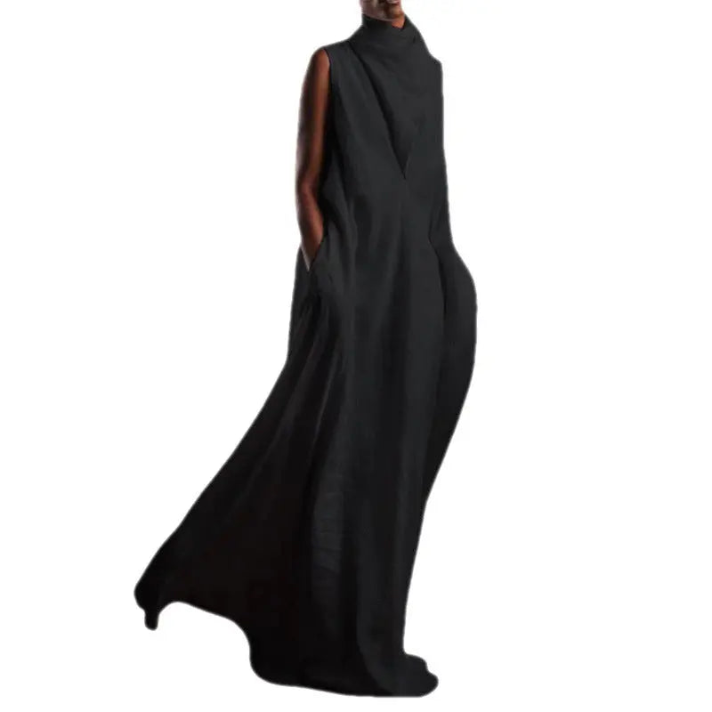 Women Turtleneck wrap Long Maxi Dress Sleeveless Summer Solid Casual Basic Loose Plus Size Maxi Dress For Women - Everyday Curves