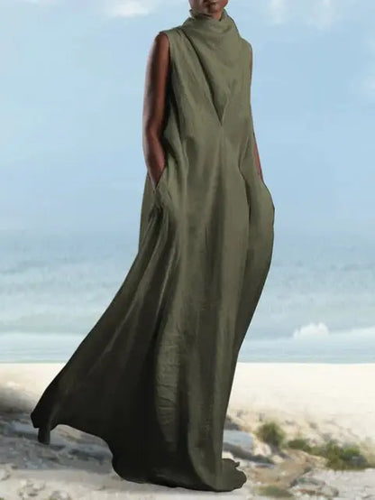 Women Turtleneck wrap Long Maxi Dress Sleeveless Summer Solid Casual Basic Loose Plus Size Maxi Dress For Women - Everyday Curves