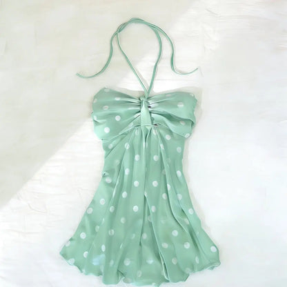 Mint-green Polka-dot Ruffled Strapless Halter Vest FP