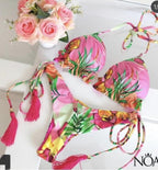 Tassel Leaves Print Woman Swimsuit Women's Two Piece Swimsuit Floral Print Bikini Sets New Comfortable Beach Bikini Bathing Suit Halter Triangle Lace Up Swimwear For Women