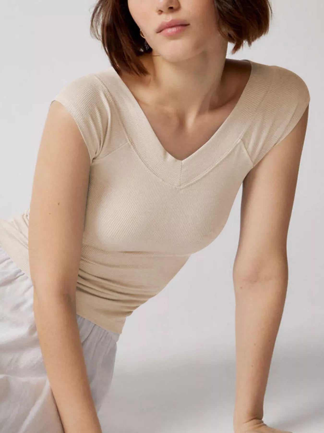 Sleeve Fitted T-Shirt Ribbed V-Neck Cap 3