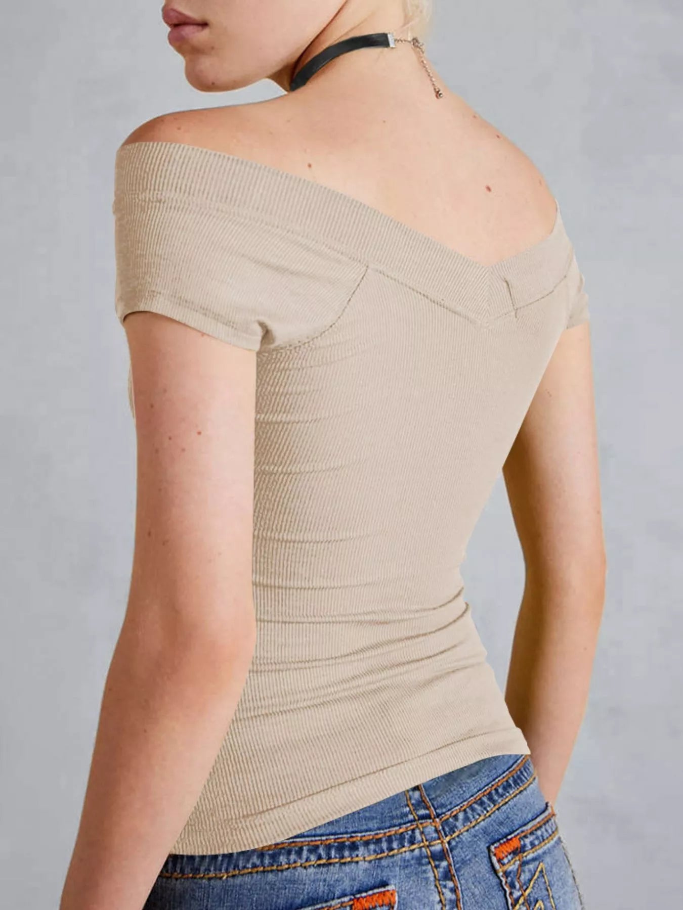 Sleeve Fitted T-Shirt Ribbed V-Neck Cap 5
