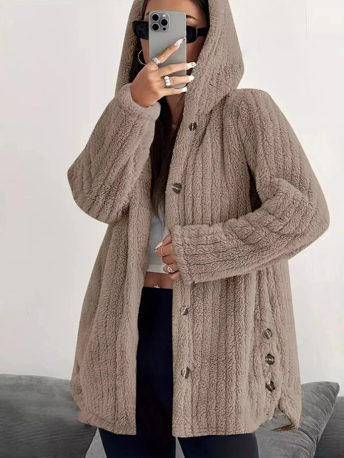 Full Size Fleece Button Up Hooded Outerwear Plus Size 7