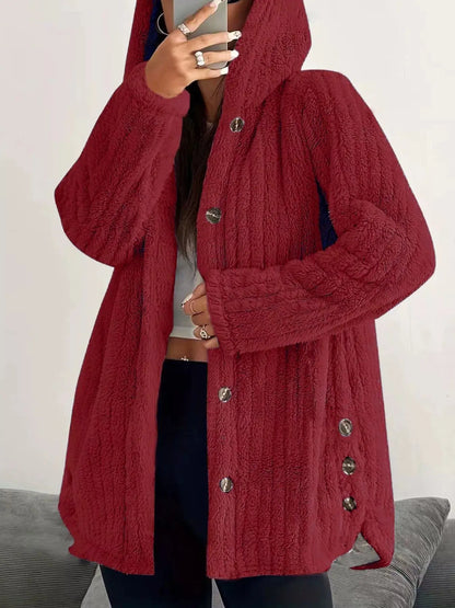 Full Size Fleece Button Up Hooded Outerwear Plus Size 19