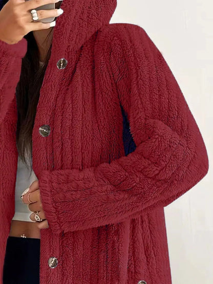 Full Size Fleece Button Up Hooded Outerwear Plus Size 20