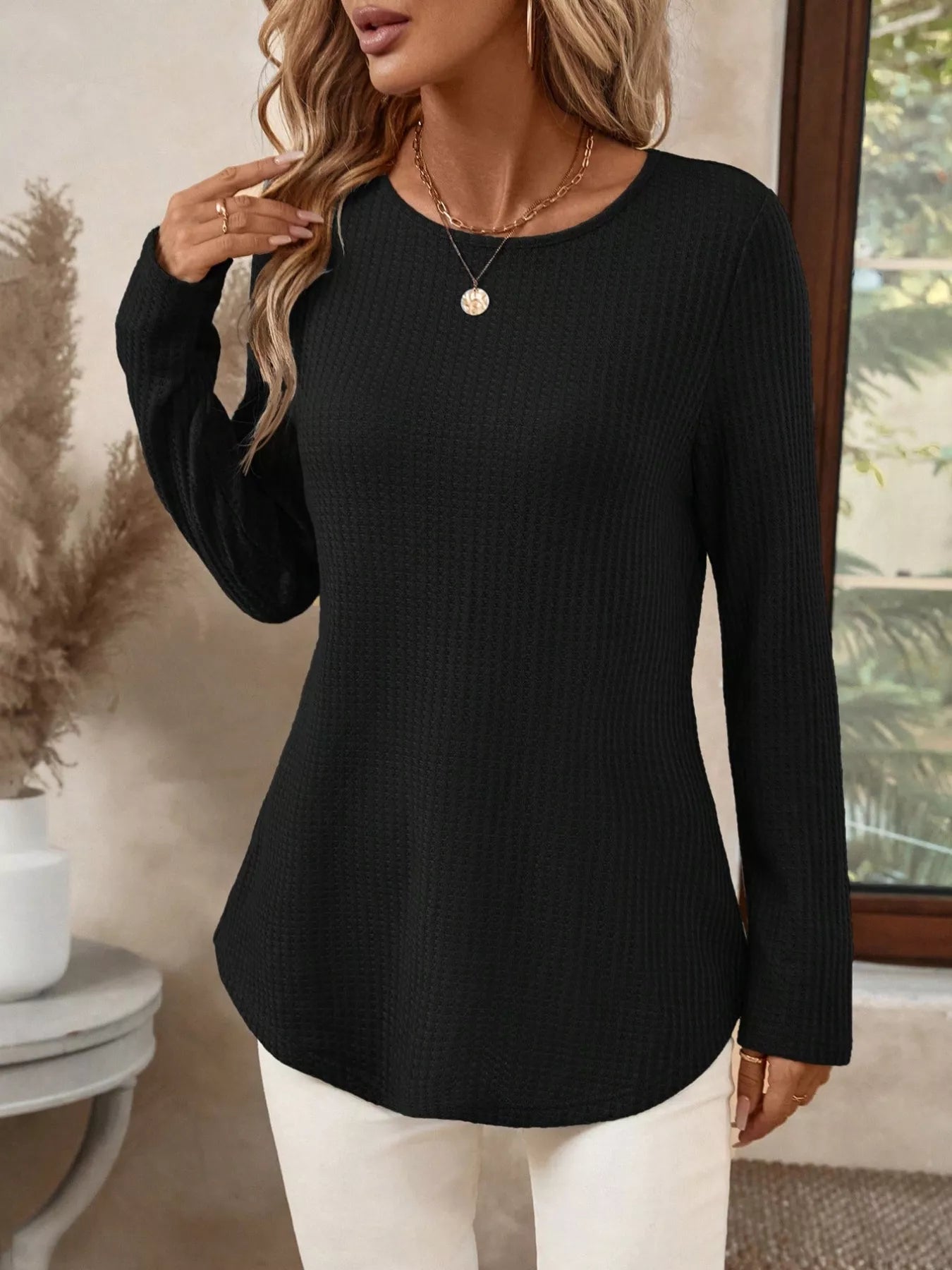 Plus Size Casual Waffle Knit Long Sleeve T-Shirt8