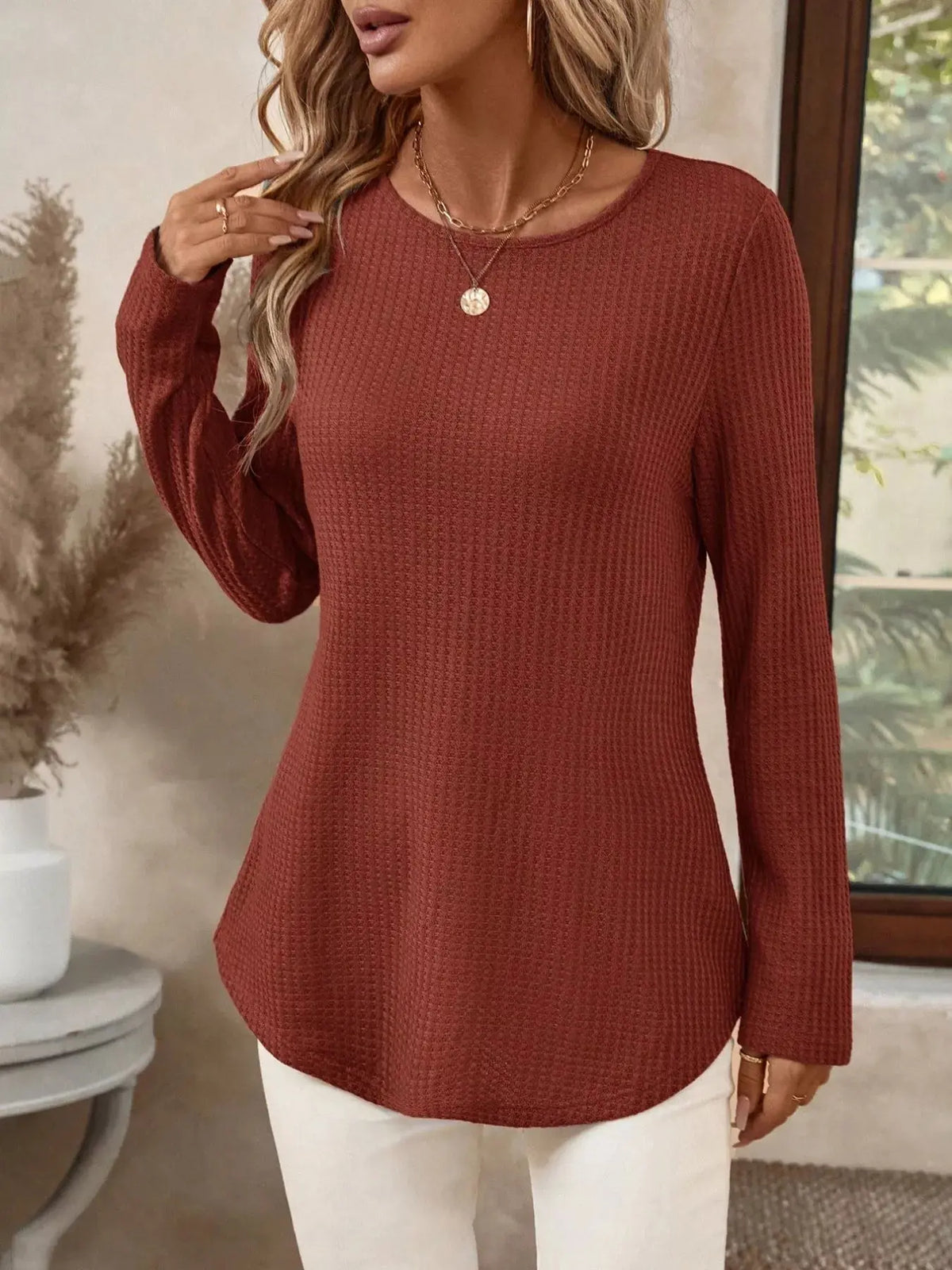 Plus Size Casual Waffle Knit Long Sleeve T-Shirt11