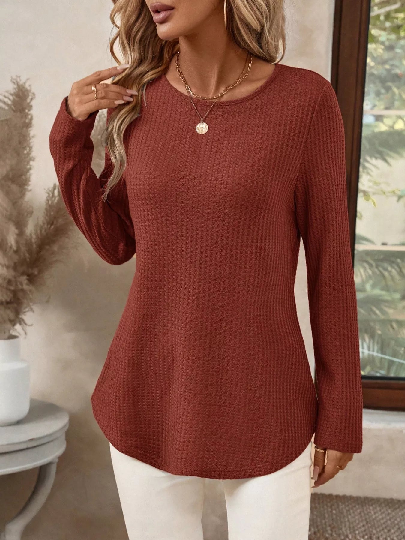 Plus Size Casual Waffle Knit Long Sleeve T-Shirt11