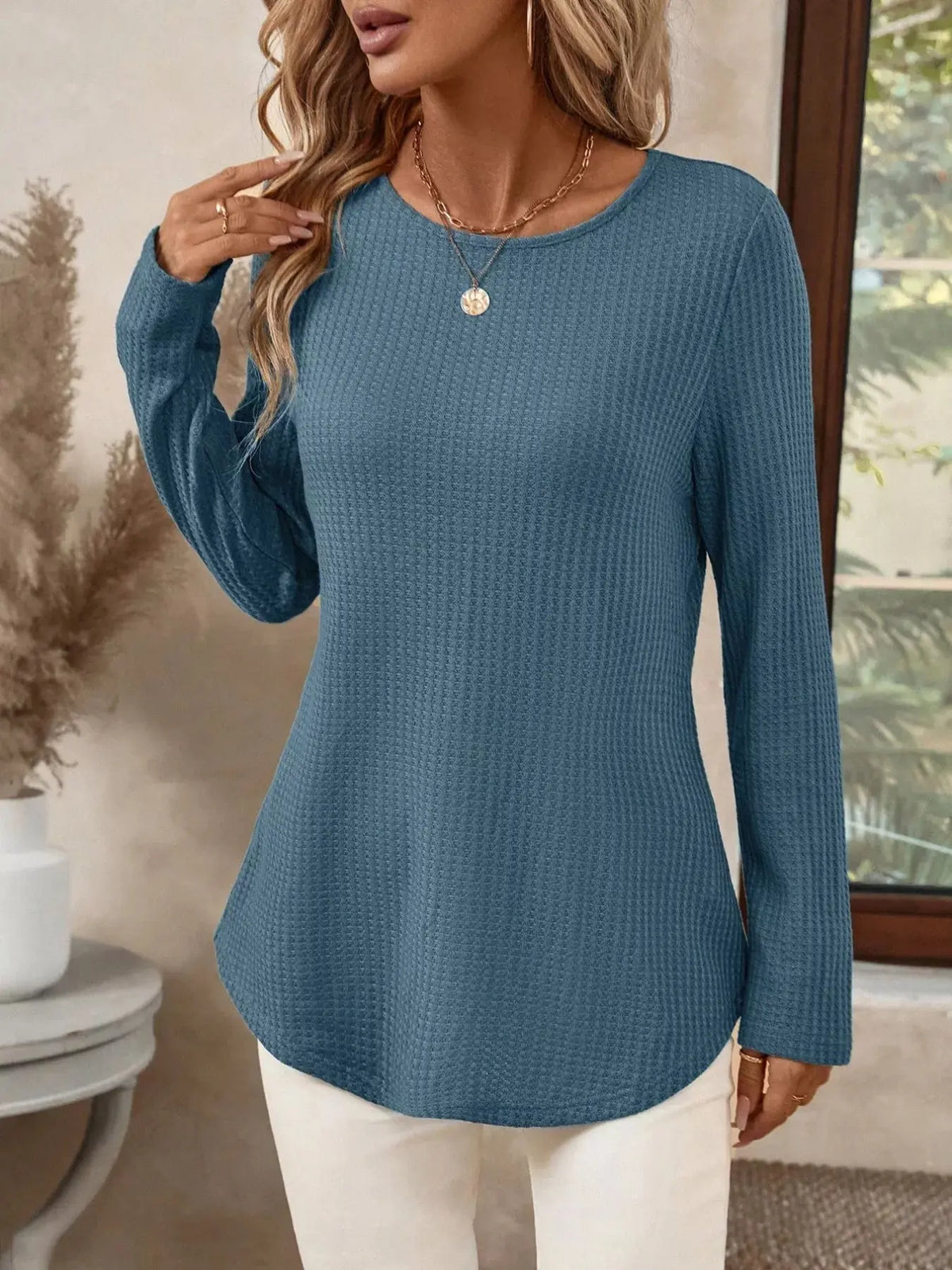 Plus Size Casual Waffle Knit Long Sleeve T-Shirt14