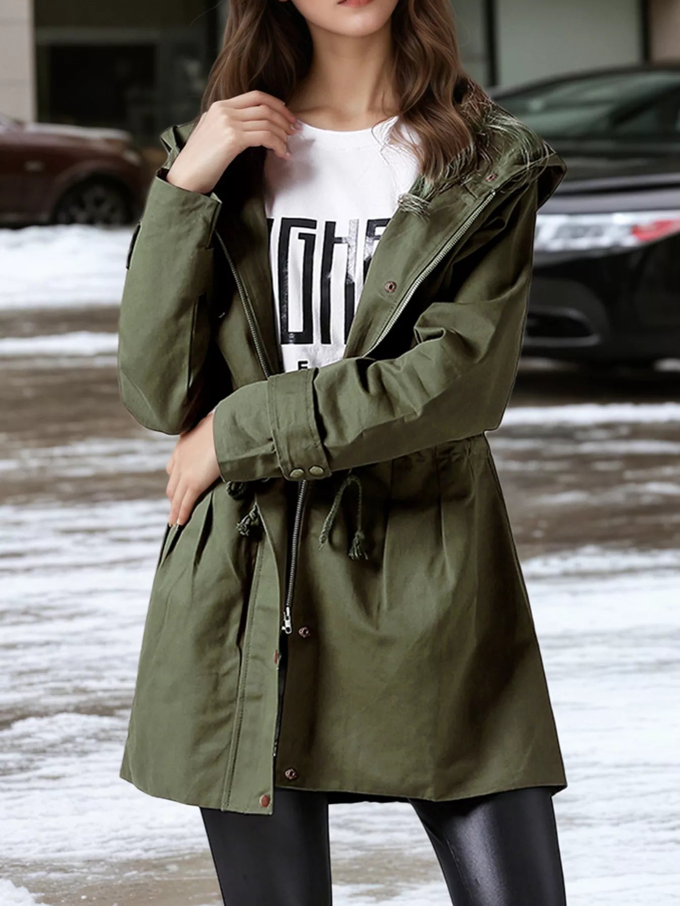 Plus Size Hooded Drawstring Waist Trench Coat 3