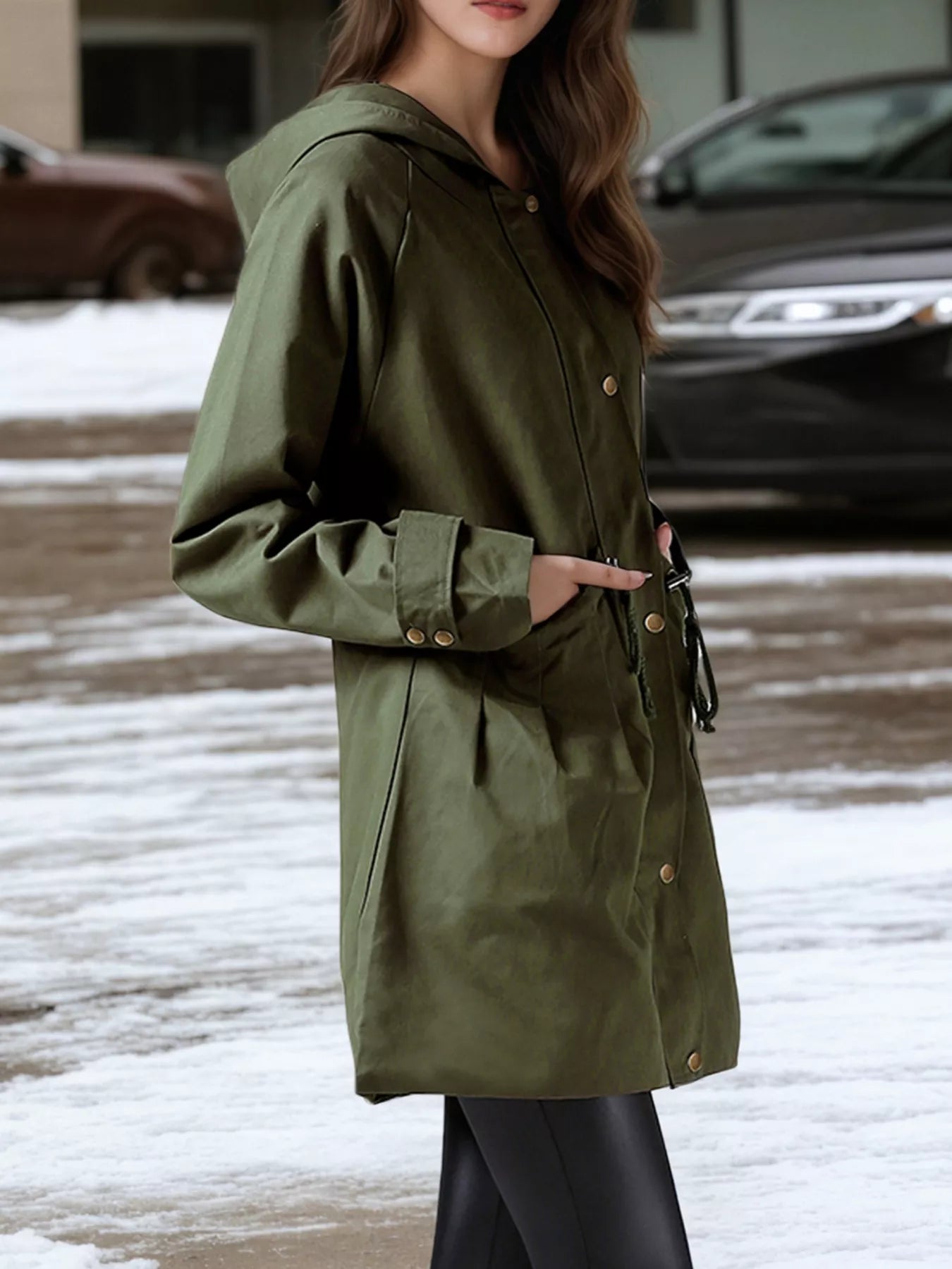 Plus Size Hooded Drawstring Waist Trench Coat 4