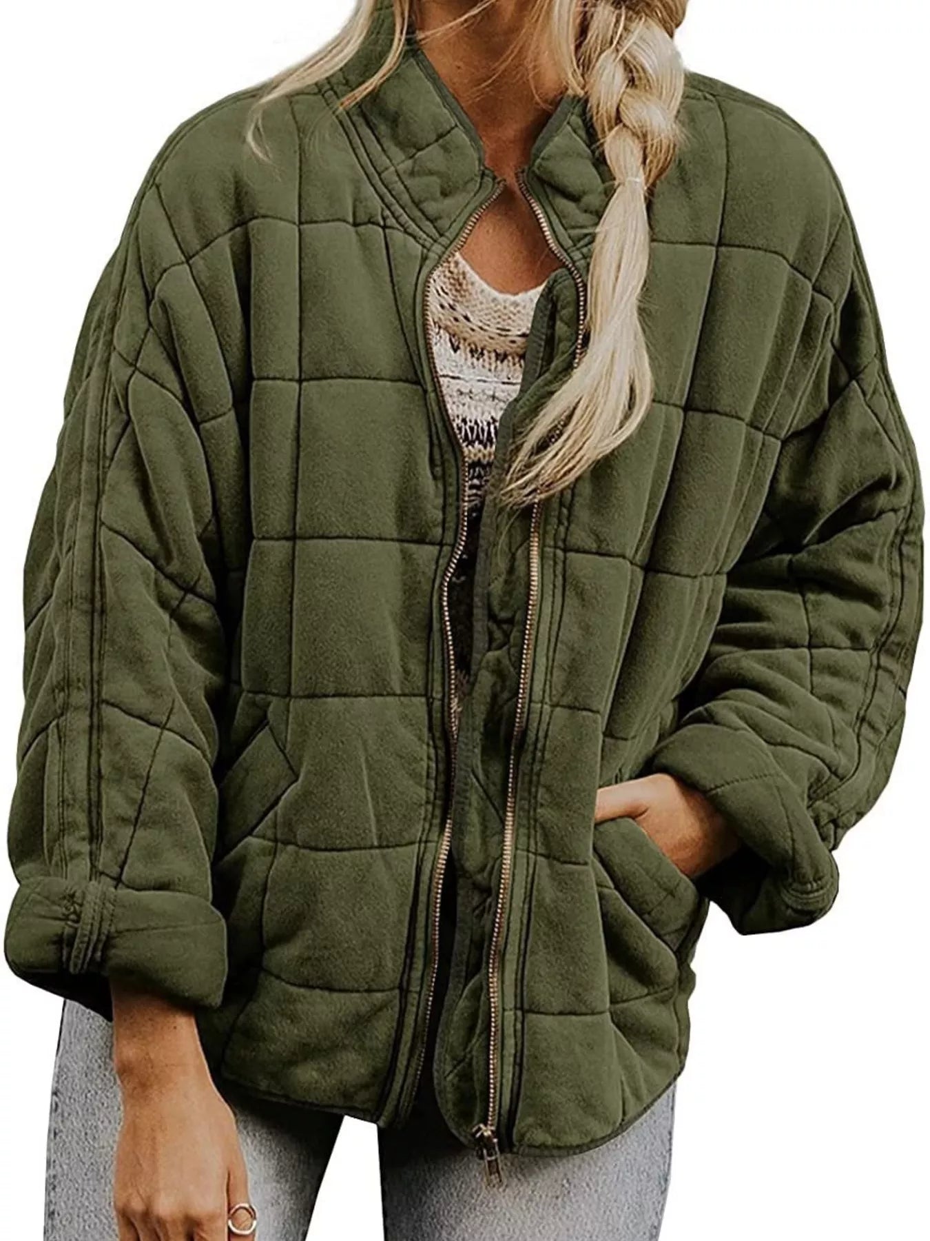Full Size Zip Up Quilted Bomber Jacket Plus Size in green, featuring a cozy quilted design and zipper closure.