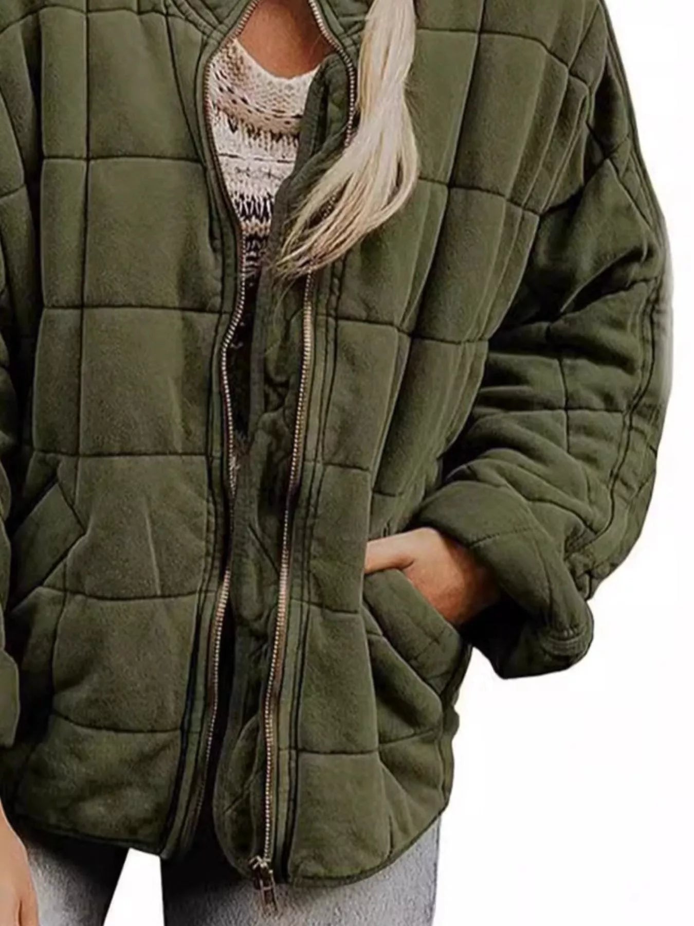 Full Size Zip Up Quilted Bomber Jacket Plus Size in olive green, featuring a long sleeve and zipper front.
