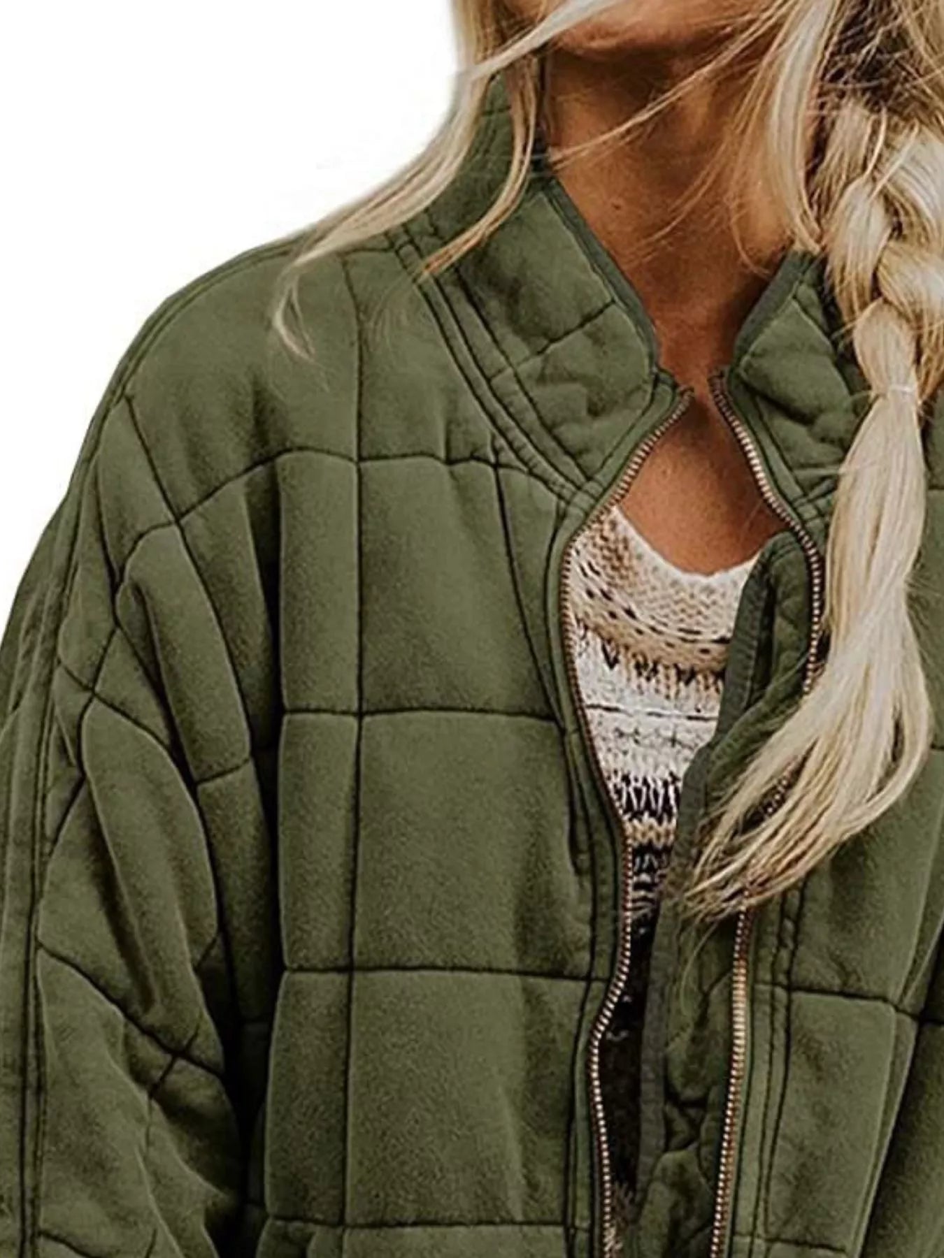 Full Size Zip Up Quilted Bomber Jacket Plus Size in olive green with a cozy knitted sweater underneath.