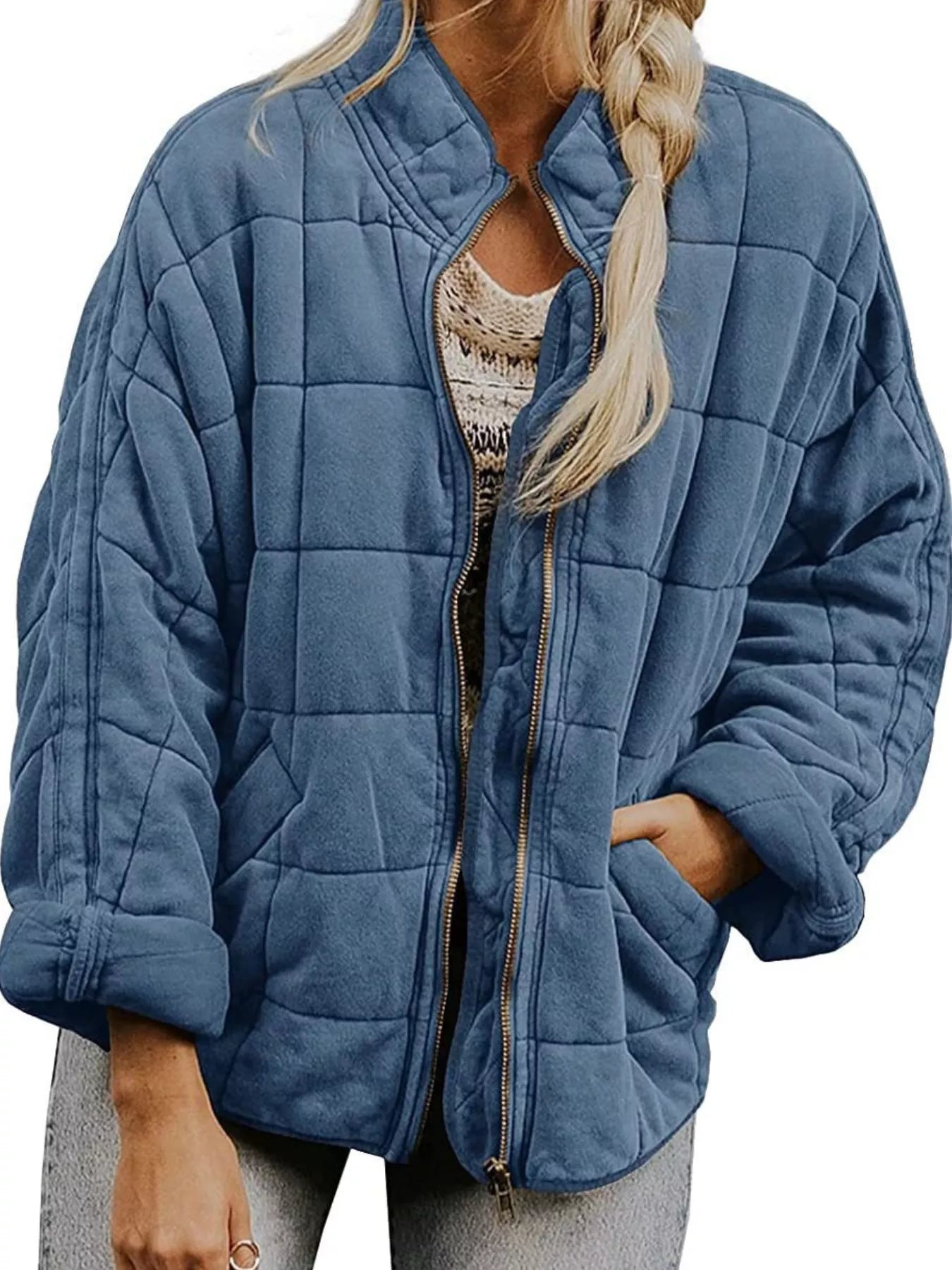 Full Size Zip Up Quilted Bomber Jacket Plus Size in blue, featuring pockets and a soft quilted design.