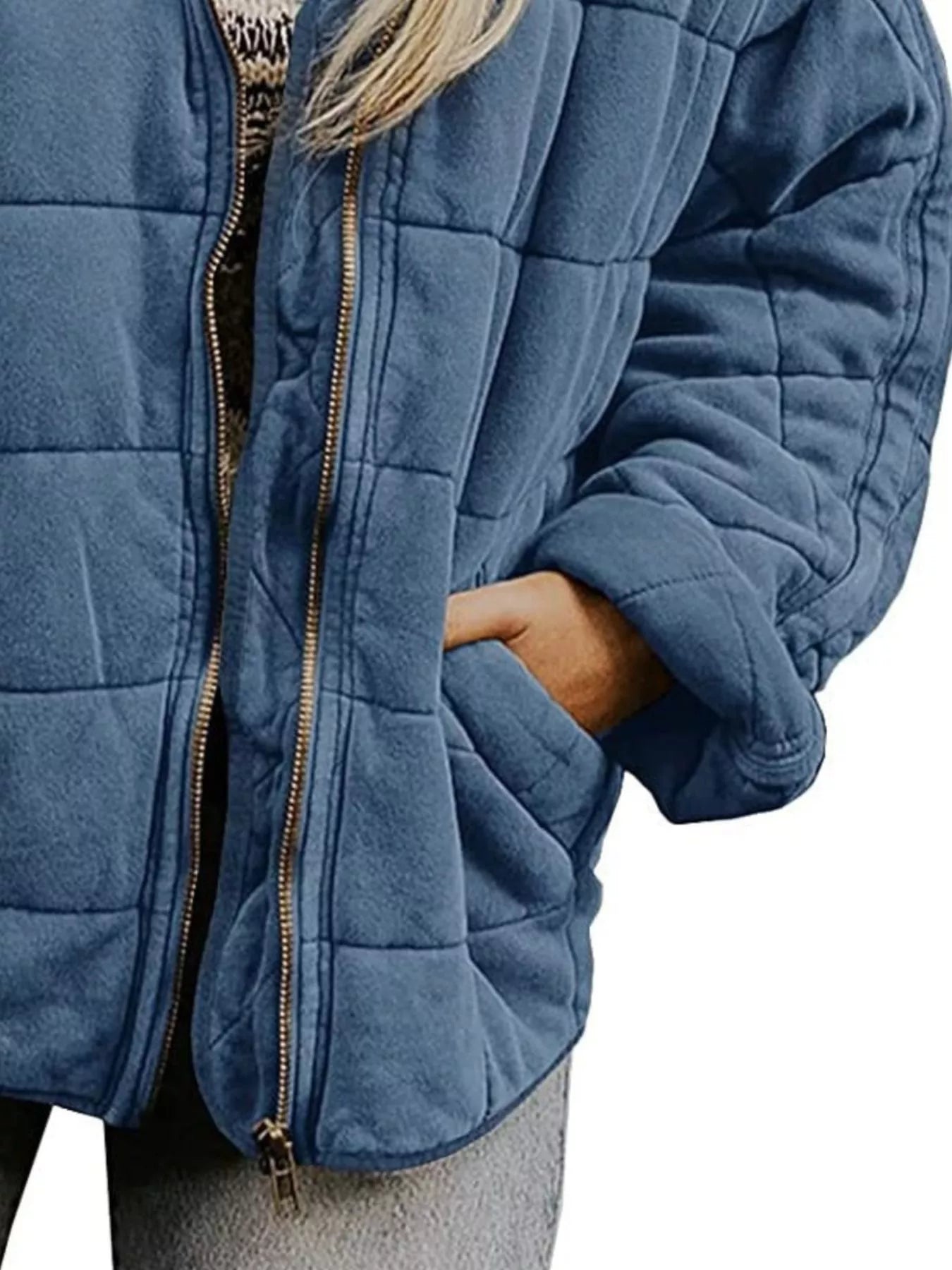 Full Size Zip Up Quilted Bomber Jacket Plus Size shown in blue, featuring a zipper and pockets, perfect for casual wear.