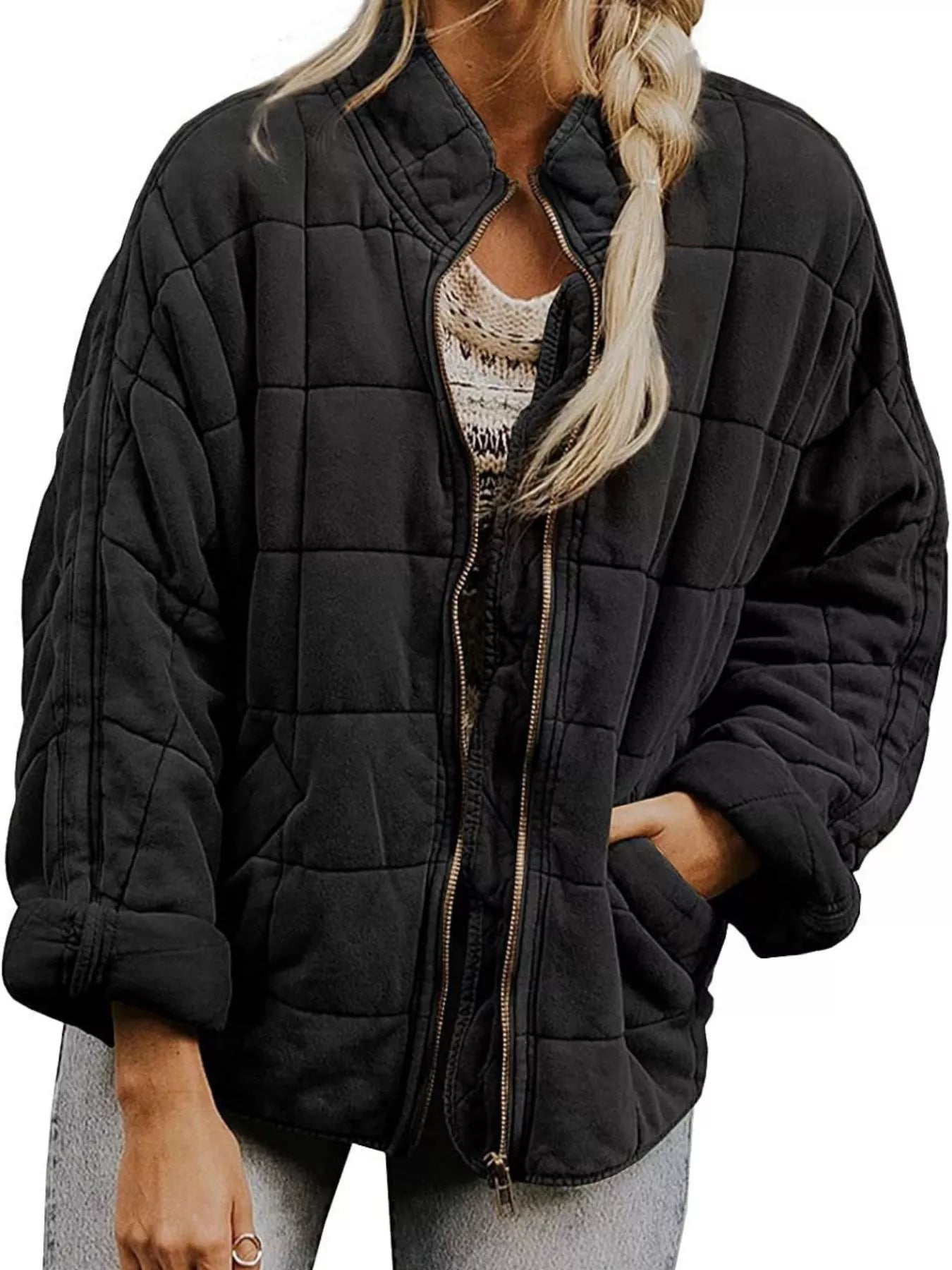 Full Size Zip Up Quilted Bomber Jacket Plus Size in green, featuring a cozy quilted design and zipper closure.