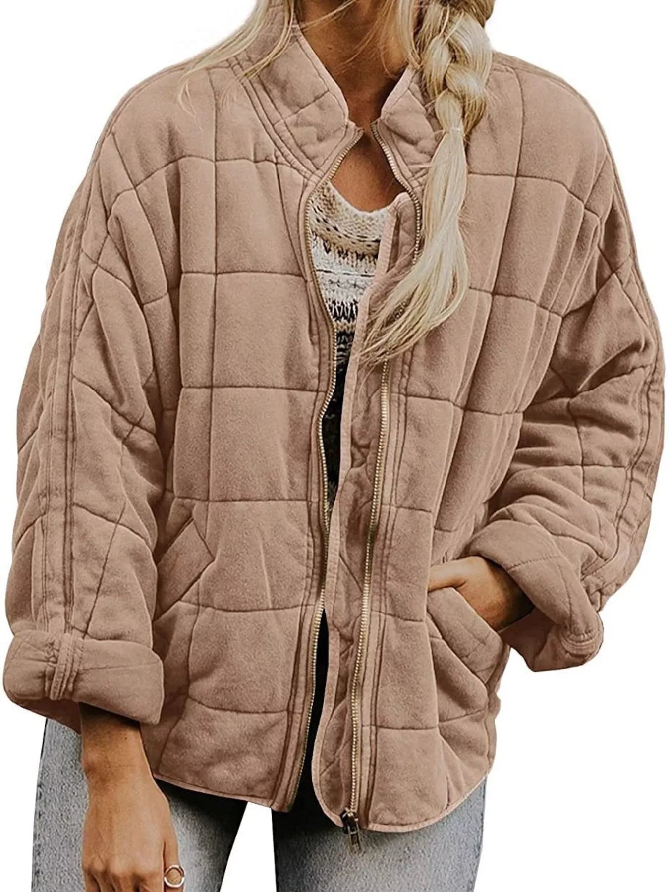 Full Size Zip Up Quilted Bomber Jacket Plus Size 4