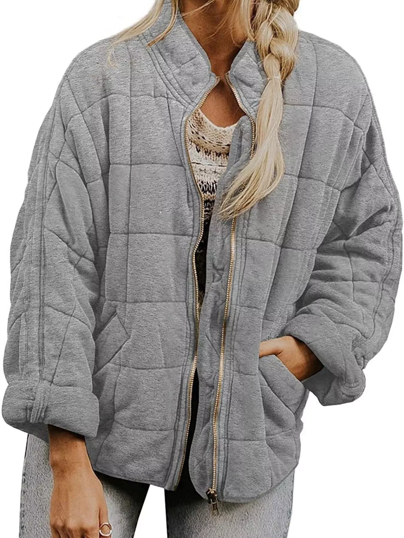 Full Size Zip Up Quilted Bomber Jacket Plus Size 7