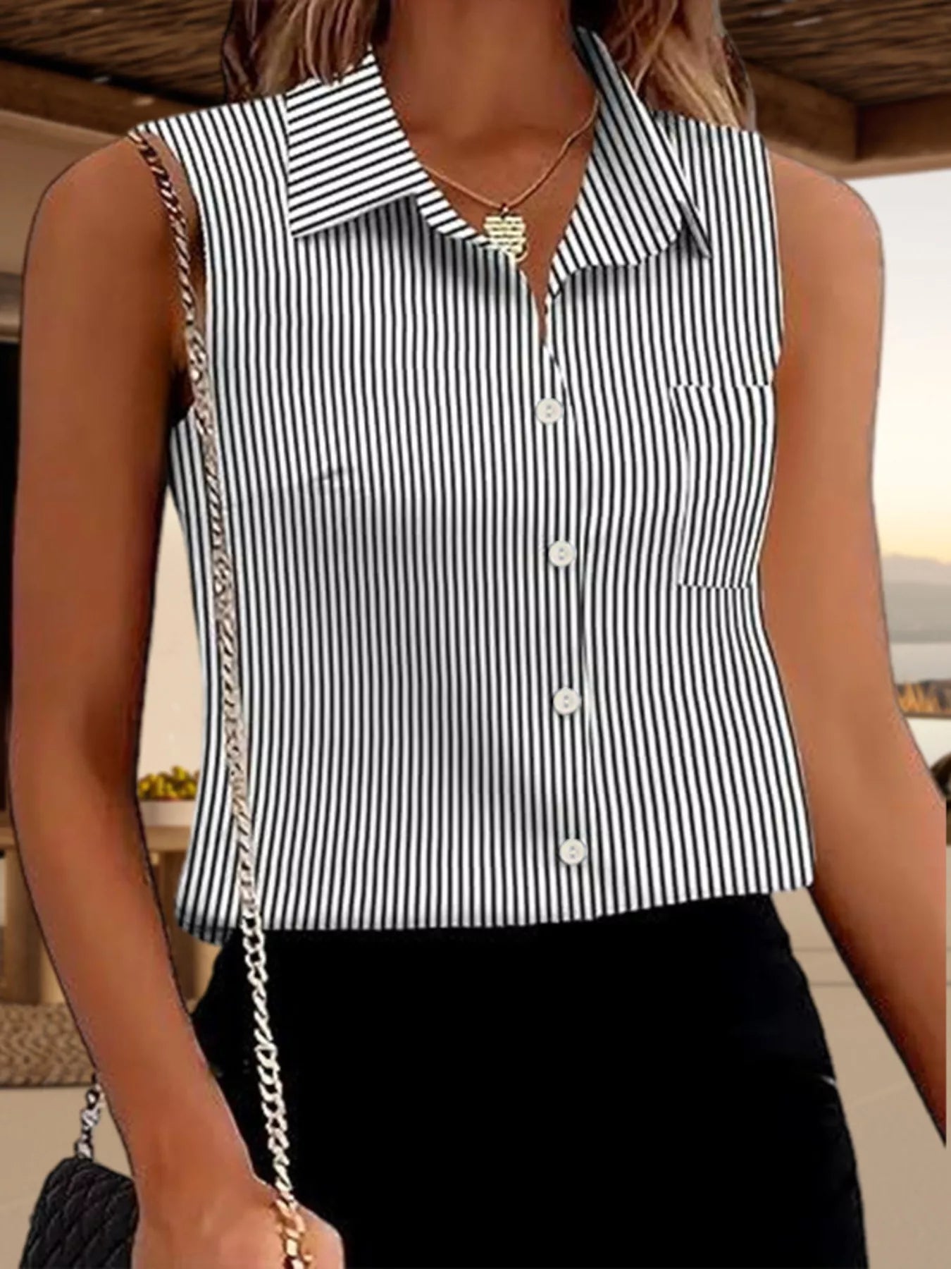 Button Up Sleeveless Shirt Classic Collared 11