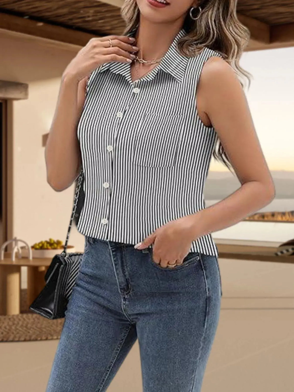 Button Up Sleeveless Shirt Classic Collared 12