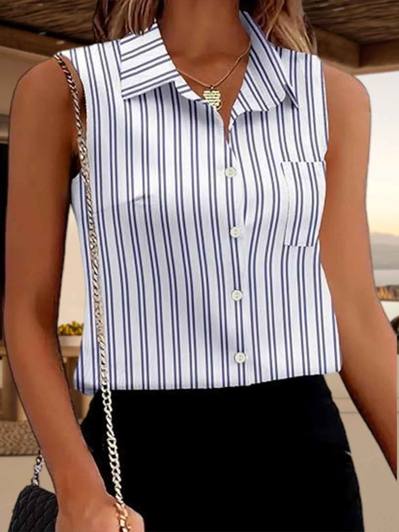 Button Up Sleeveless Shirt Classic Collared 14