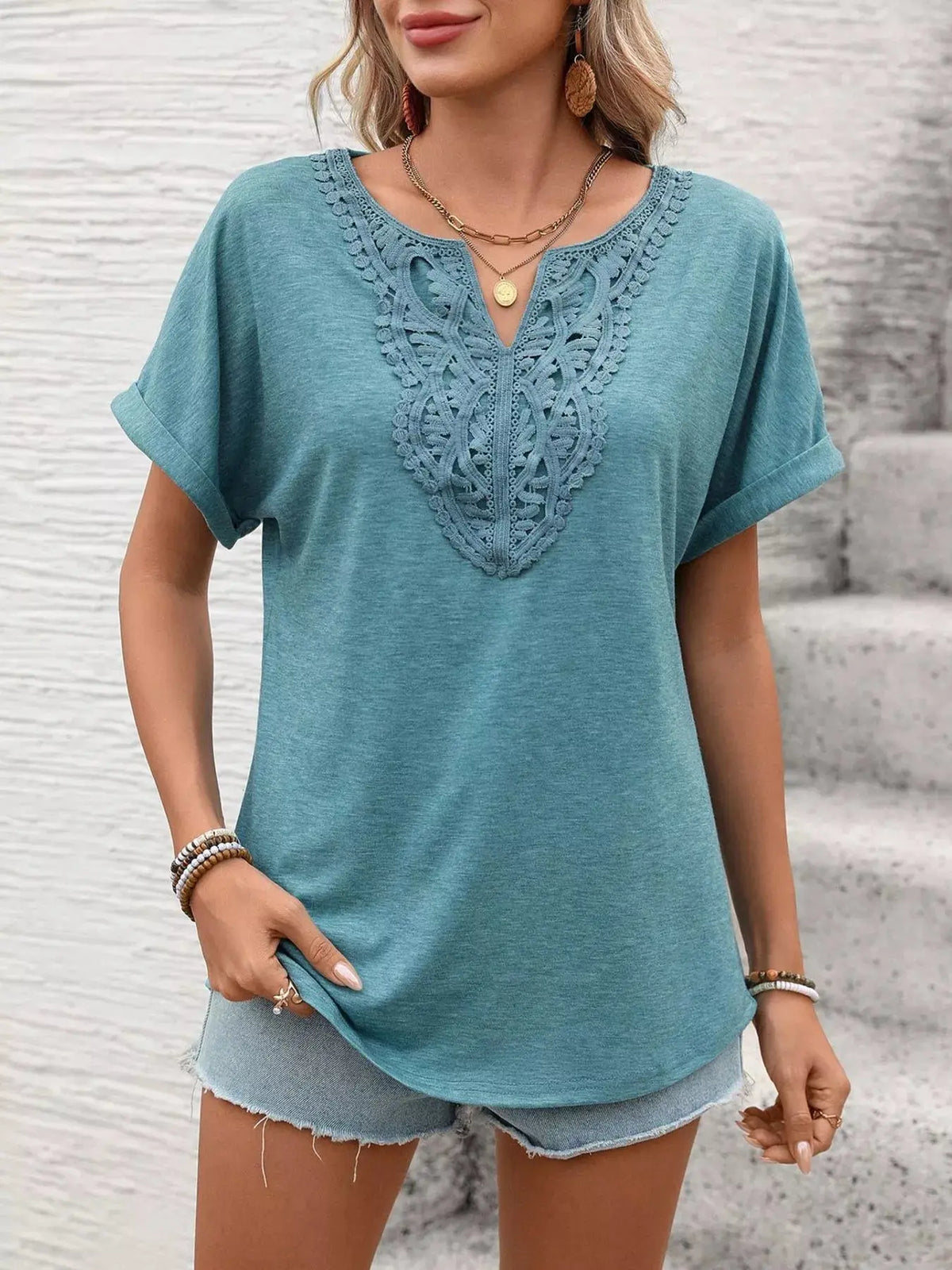 Lace Trim Short Sleeve T-Shirt 