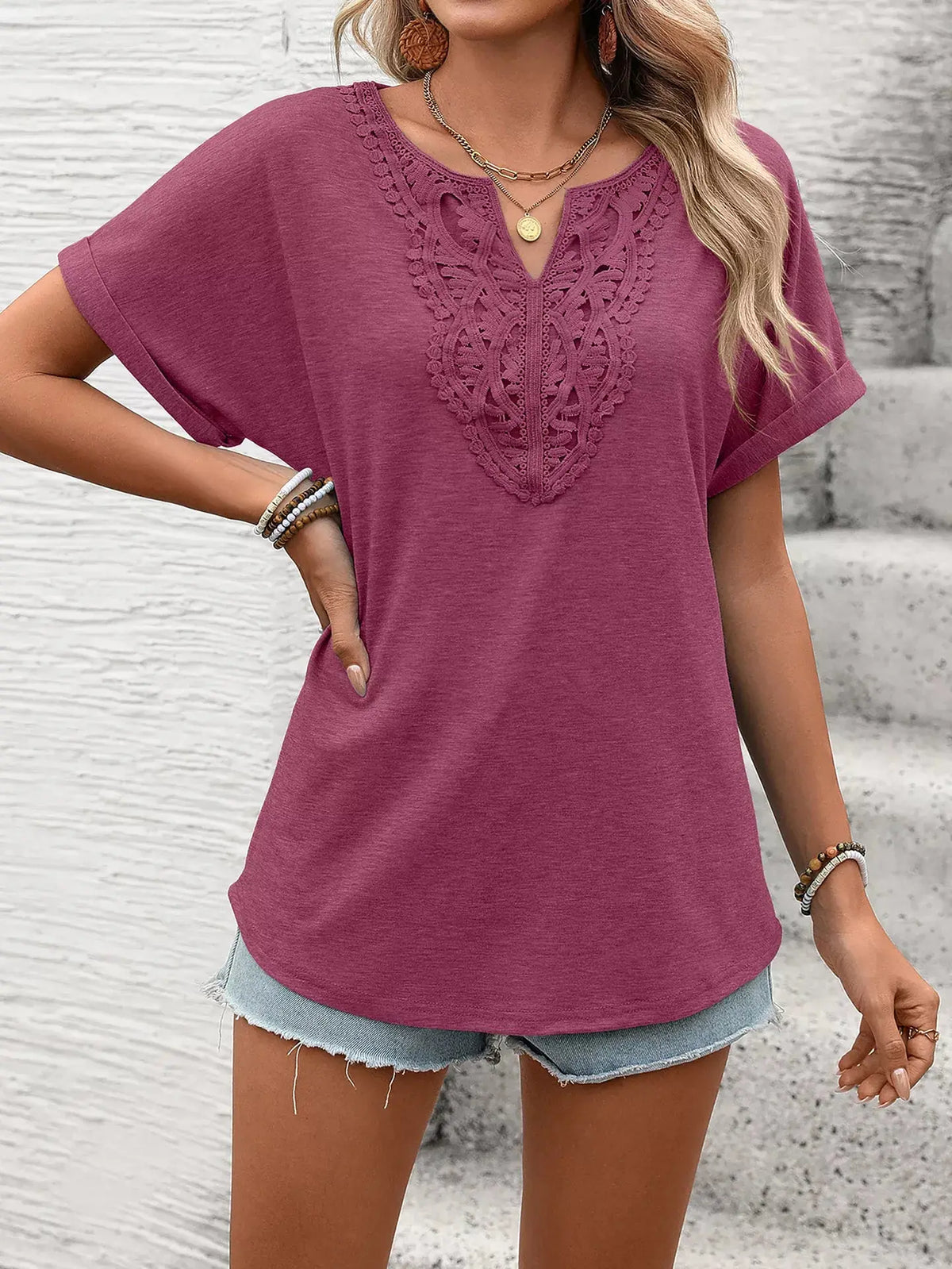 Lace Trim Short Sleeve T-Shirt 004
