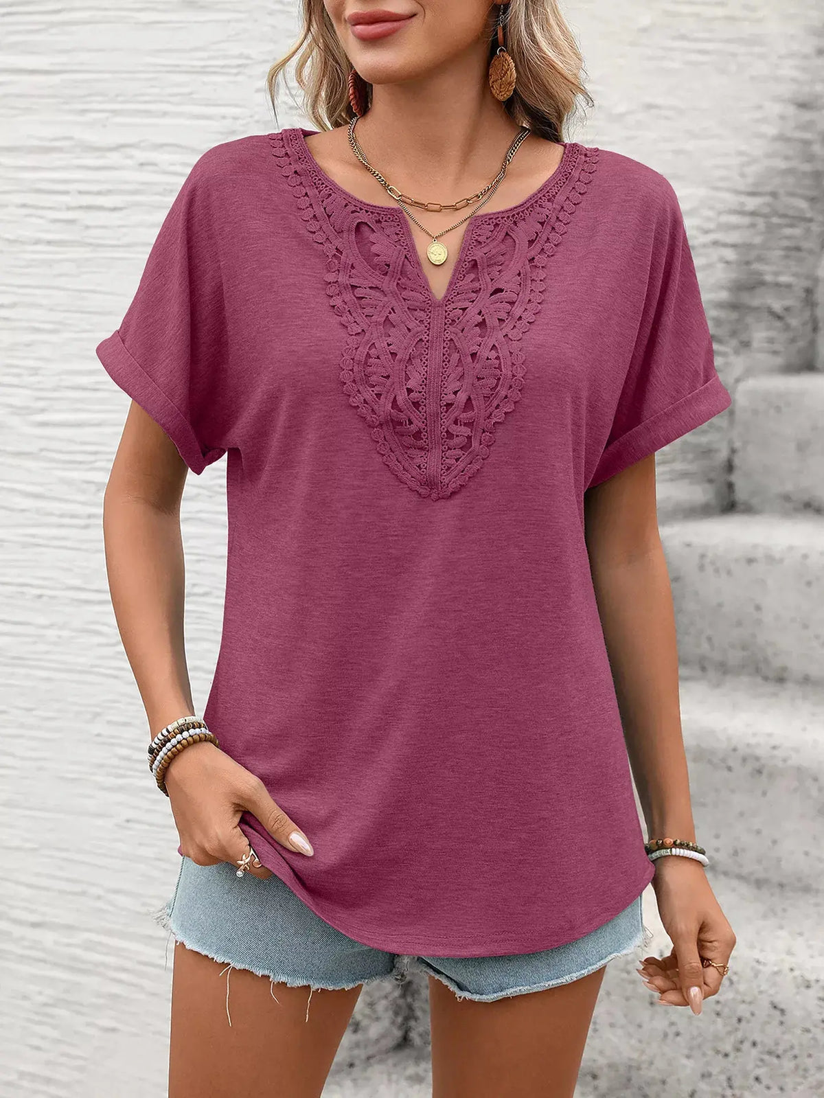 Lace Trim Short Sleeve T-Shirt 006