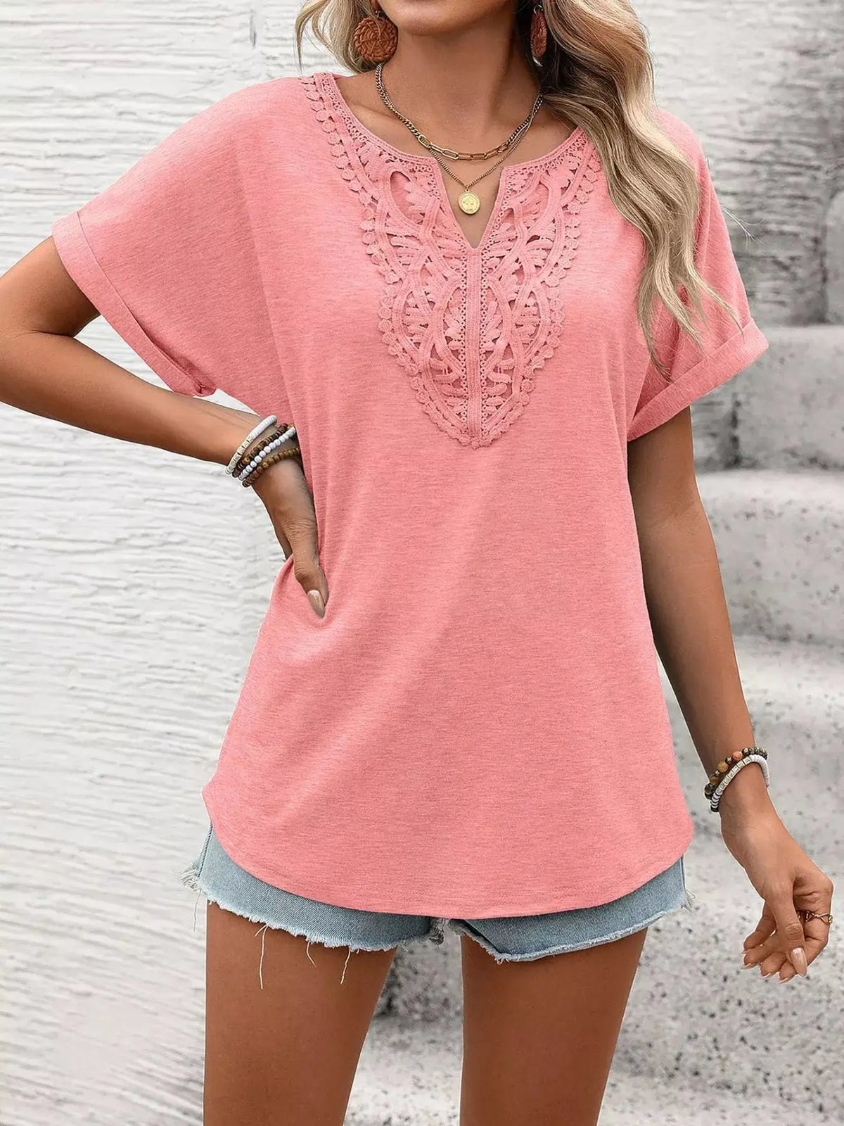 Lace Trim Short Sleeve T-Shirt 000