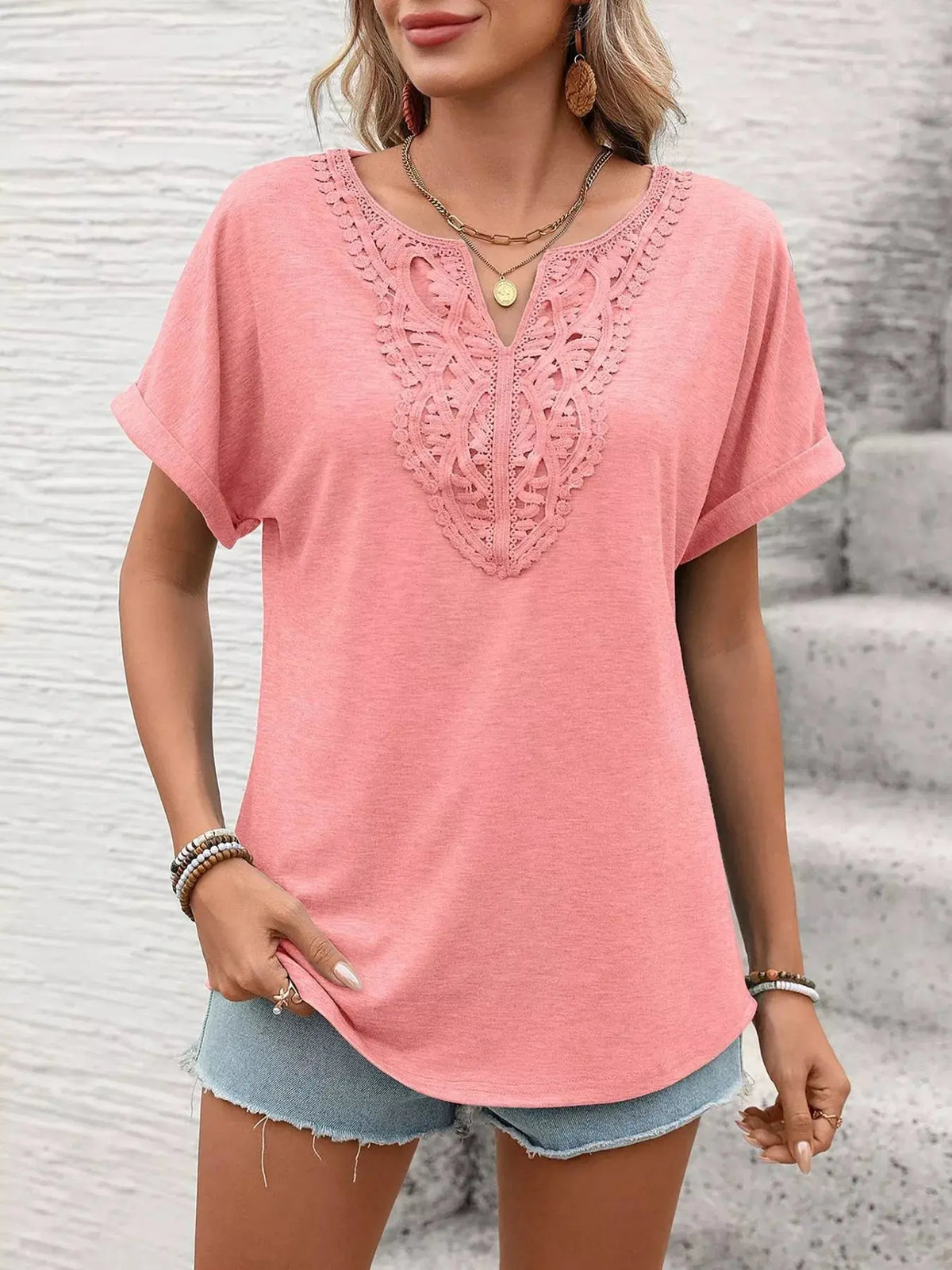 Lace Trim Short Sleeve T-Shirt 0001