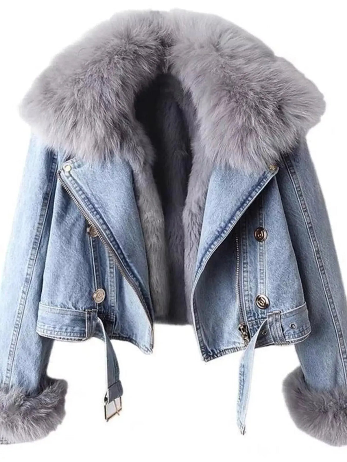 Full Size Faux Fur Collar Denim Jacket Plus Size 5