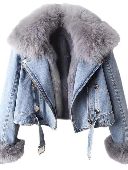 Full Size Faux Fur Collar Denim Jacket Plus Size 5