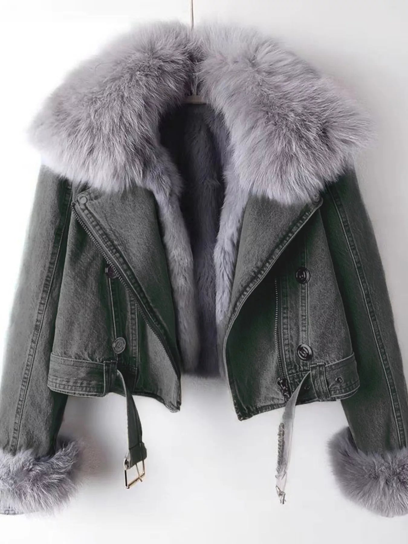 Full Size Faux Fur Collar Denim Jacket Plus Size 12