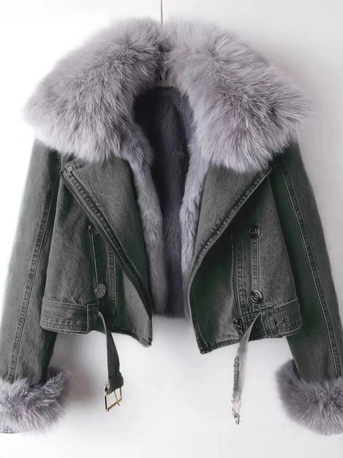 Full Size Faux Fur Collar Denim Jacket Plus Size 12