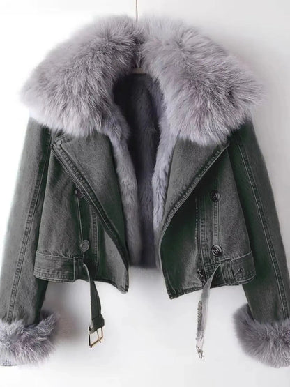 Full Size Faux Fur Collar Denim Jacket Plus Size 12