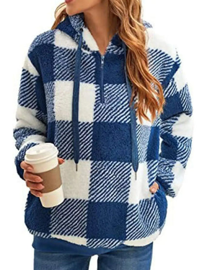 Full Size Plaid Sherpa Drawstring Hoodie Plus Size 