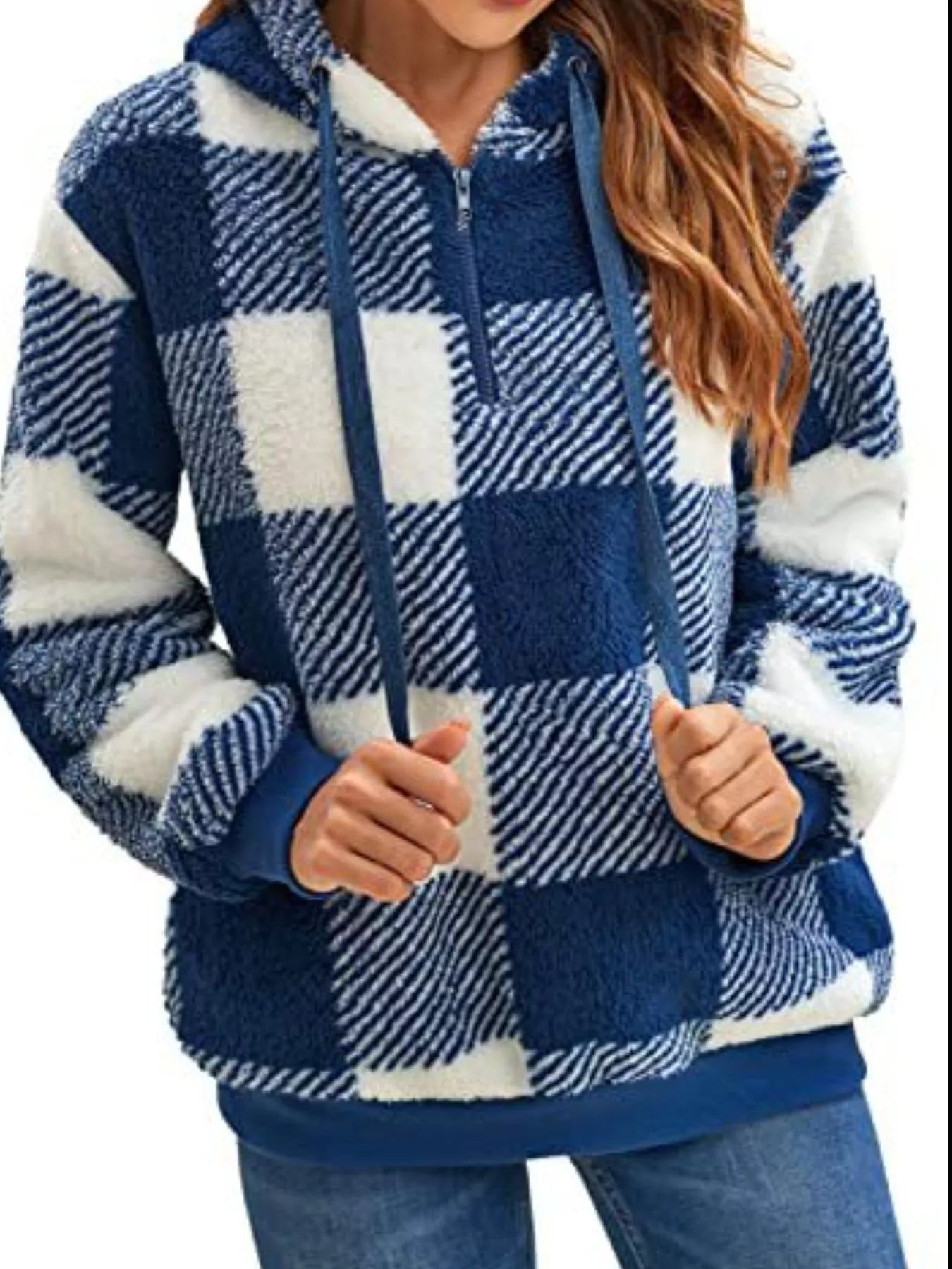 Full Size Plaid Sherpa Drawstring Hoodie Plus Size 1