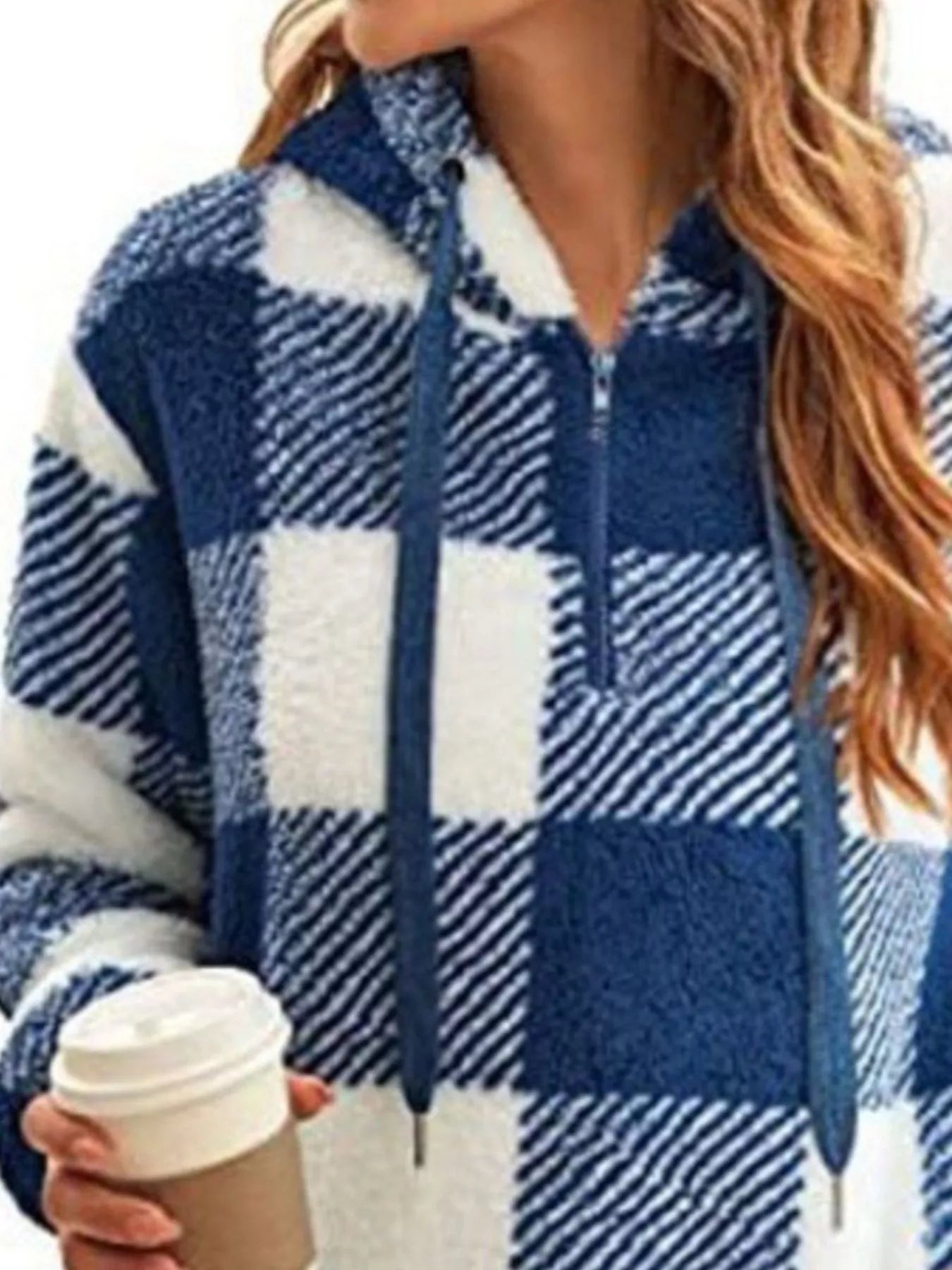 Full Size Plaid Sherpa Drawstring Hoodie Plus Size 2