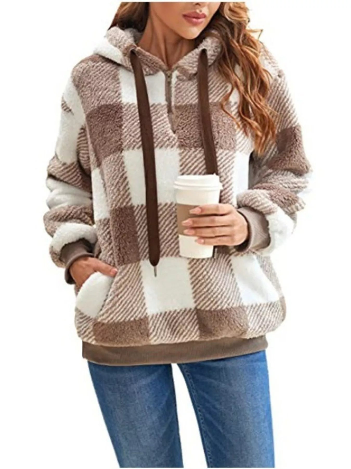 Full Size Plaid Sherpa Drawstring Hoodie Plus Size 3