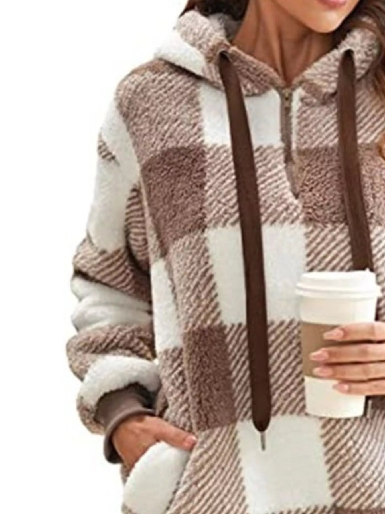 Full Size Plaid Sherpa Drawstring Hoodie Plus Size 4