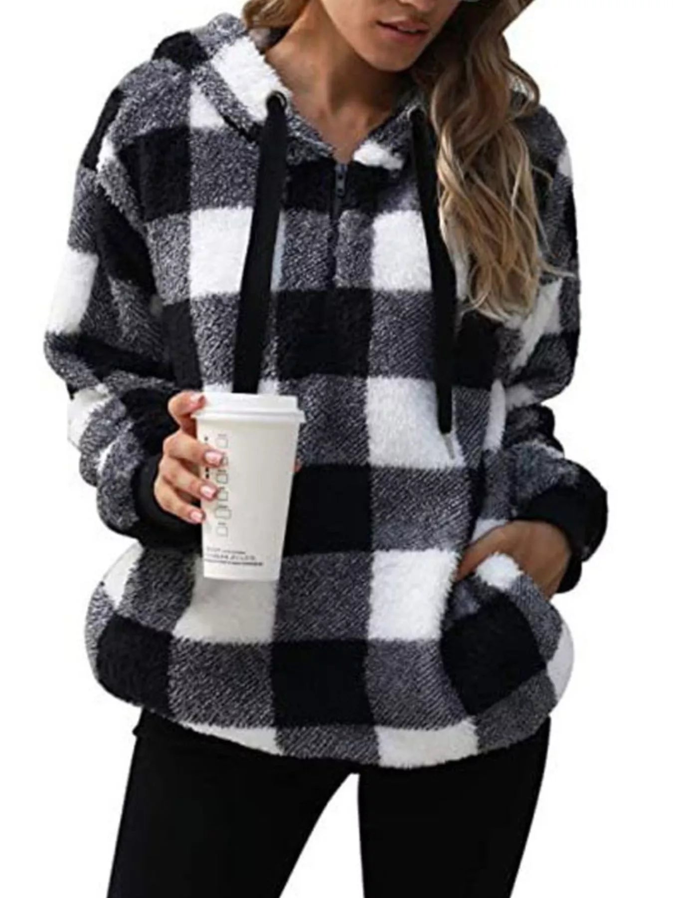 Full Size Plaid Sherpa Drawstring Hoodie Plus Size 6