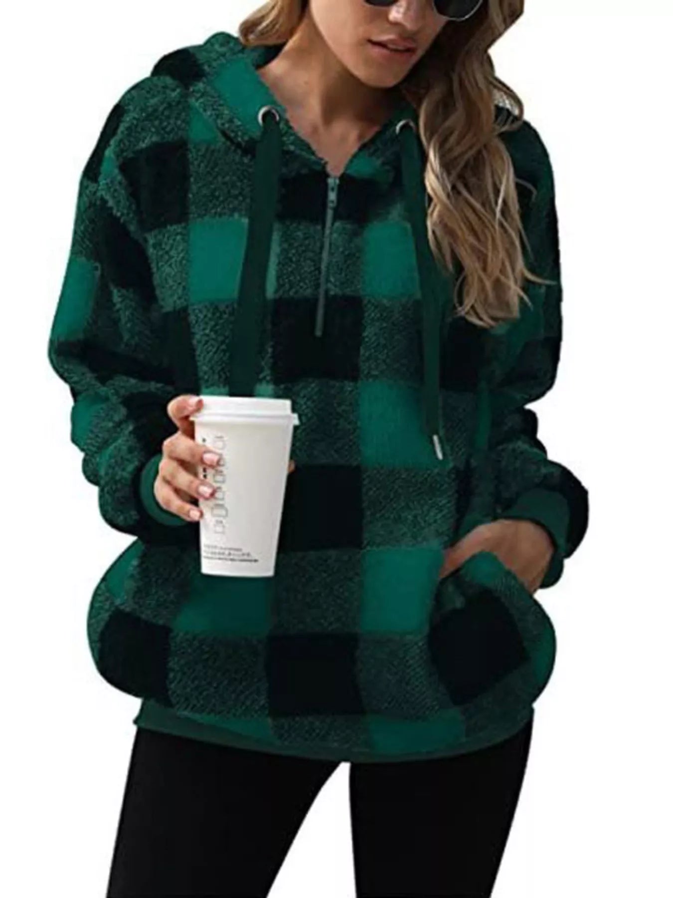 Full Size Plaid Sherpa Drawstring Hoodie Plus Size 9