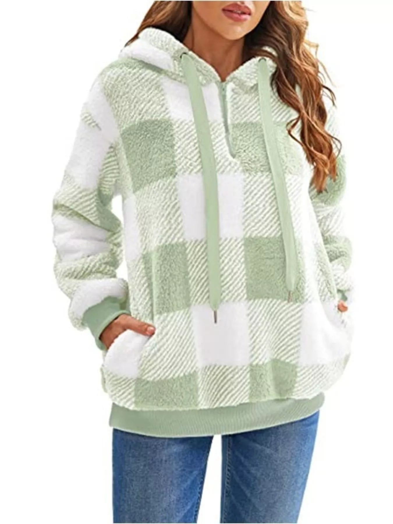 Full Size Plaid Sherpa Drawstring Hoodie Plus Size 12