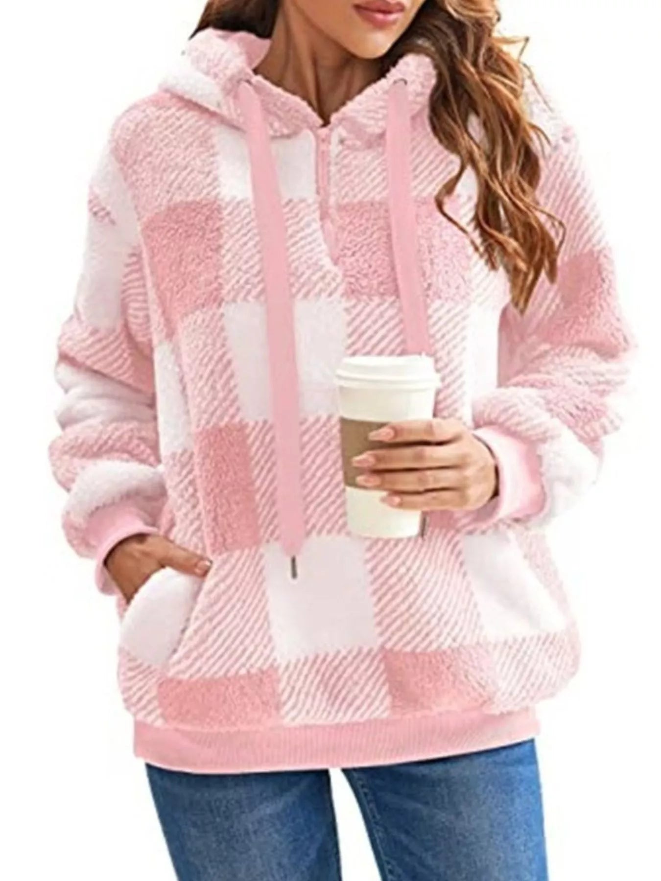 Full Size Plaid Sherpa Drawstring Hoodie Plus Size 15